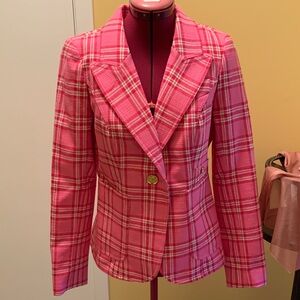 Smythe Patch Pocket Duchess Pink Plaid Blazer Women's